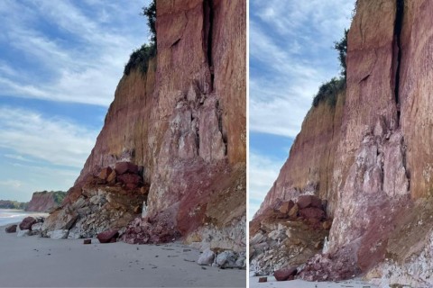 Risco iminente de desmoronamento interdita trecho da Praia das Falésias em Marataízes